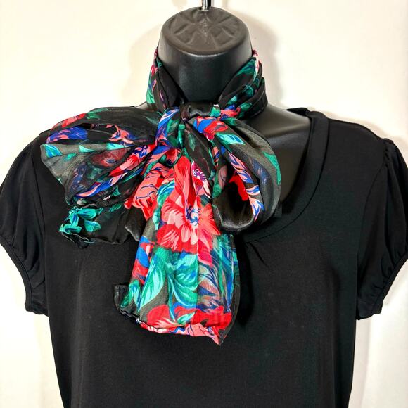 Black and Bright Floral Scarf Rectangle Striped Bow Retro Vintage 58" Long - Picture 1 of 11